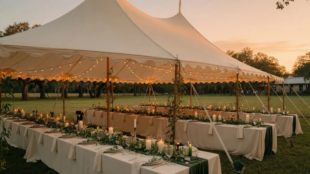Sailcloth wedding tent with string lights at golden hour